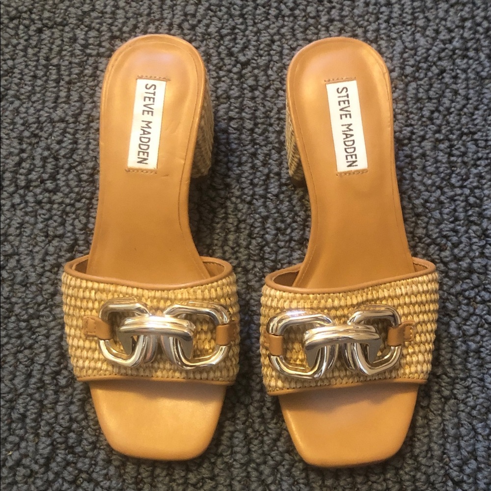 Steve Madden Tan Woven Mules with Silver Detail
